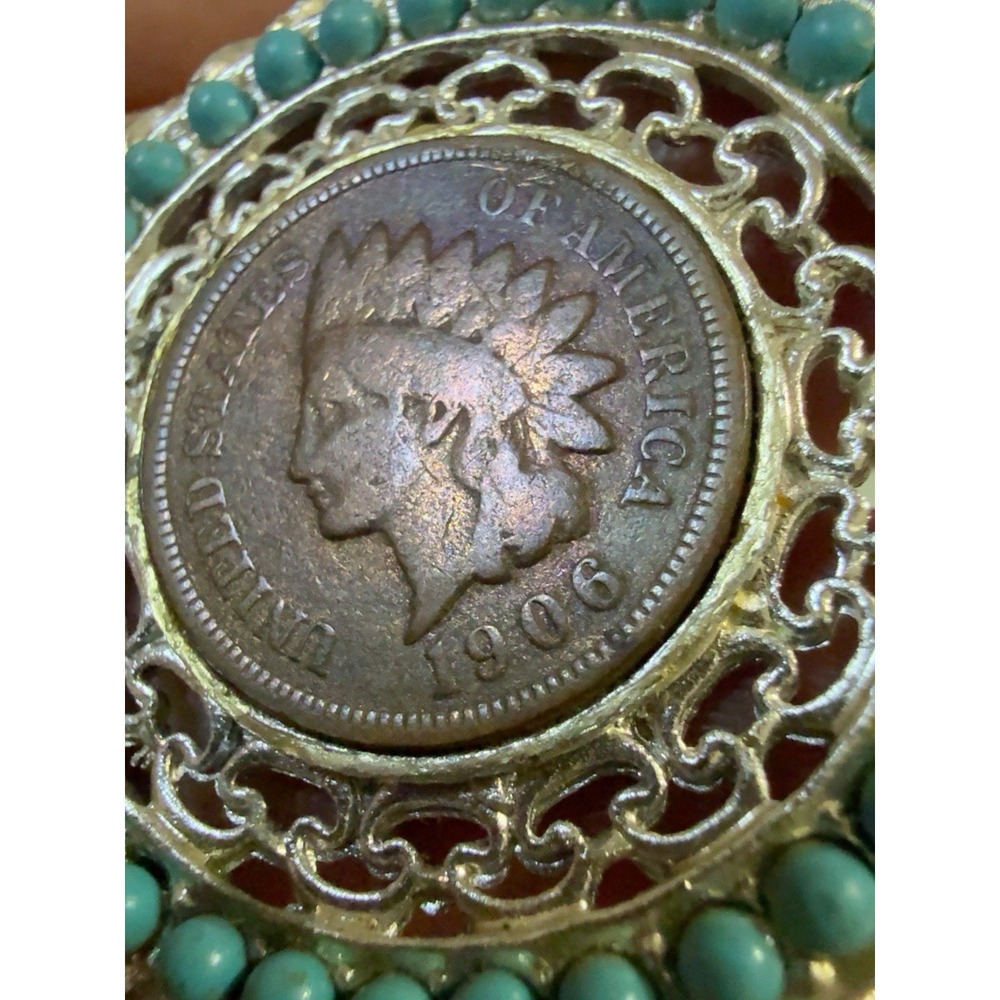 T20157-Vintage 1906 Indian Head Penny Coin Pendant Necklace Turquoise Beads 22" - Picture 6 of 9